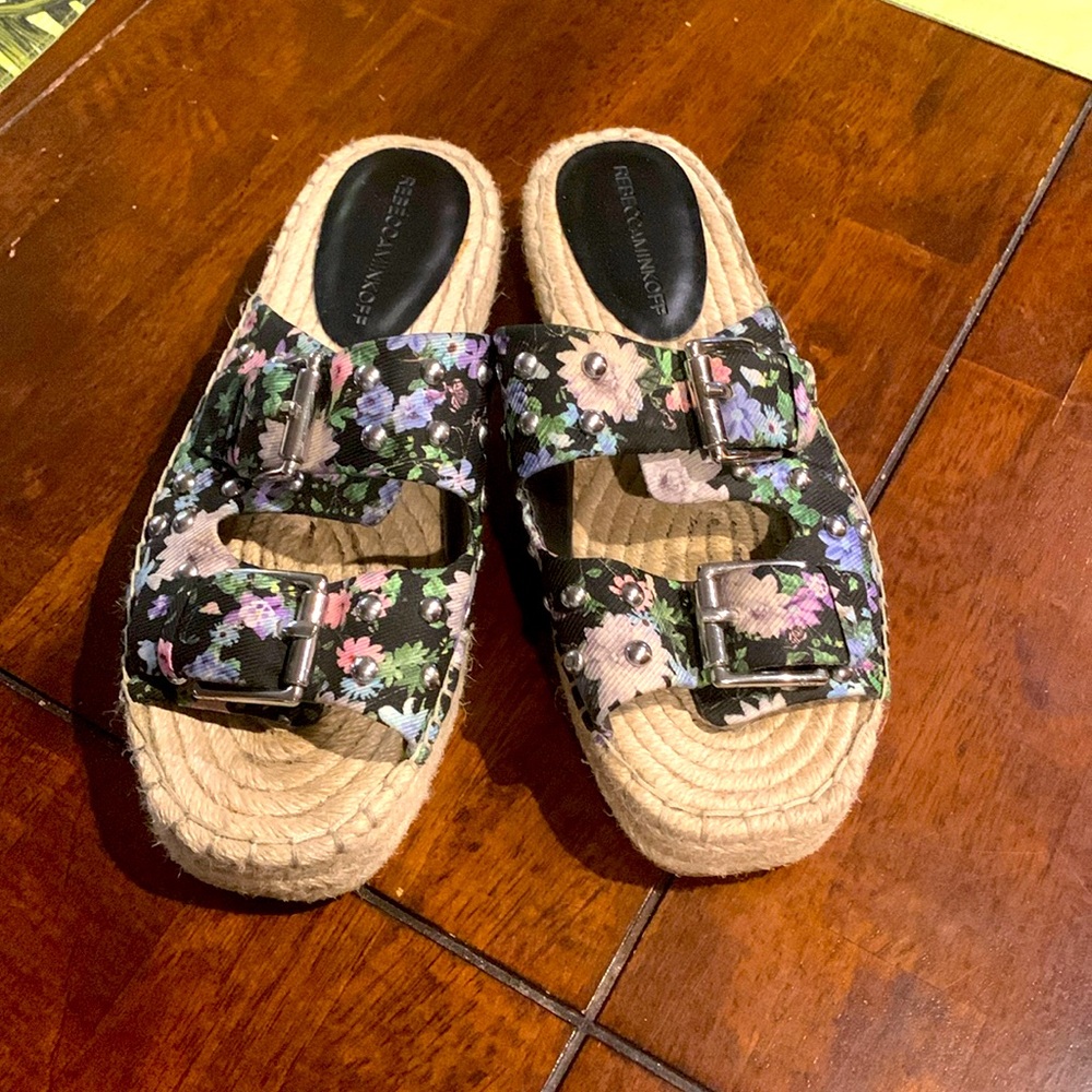 REBECCA MINKOFF SLIDE SANDAL FLOWER WITH BUCKLE ACROSS SIZE 7 MED JODI ESPADRELE